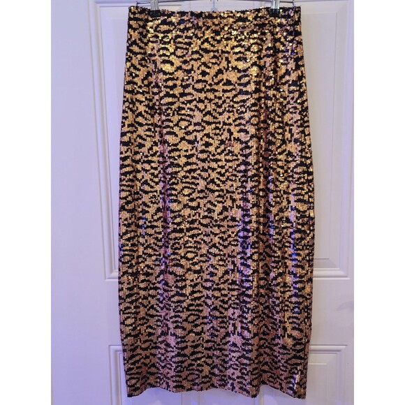 ZARA Tiger Print Sequin Skirt Knit Midi Black Gold Pull On Elastic Waist Size M - Picture 2 of 12
